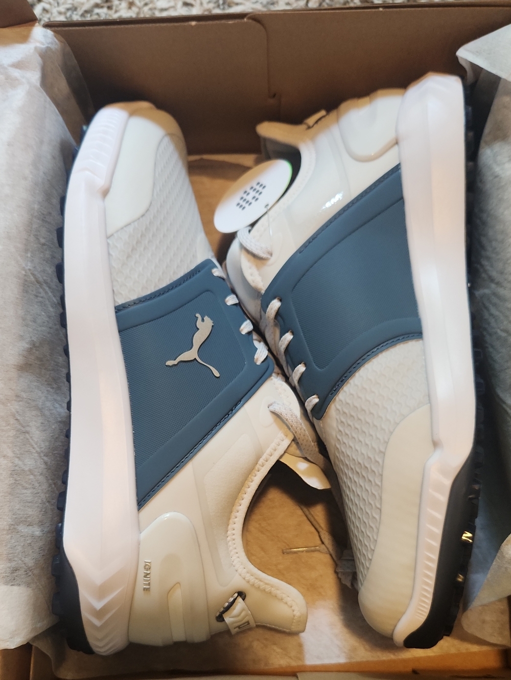 Puma Men's White and Blue Slip-On Golf Sneakers